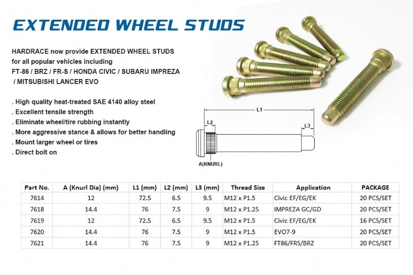 Hardrace Extended Wheel Stud Kit - Honda Civic EF/EG/EK 1989-2000 (16 Pieces)